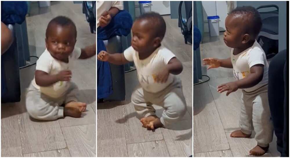 Photos of a baby standing for the first time.