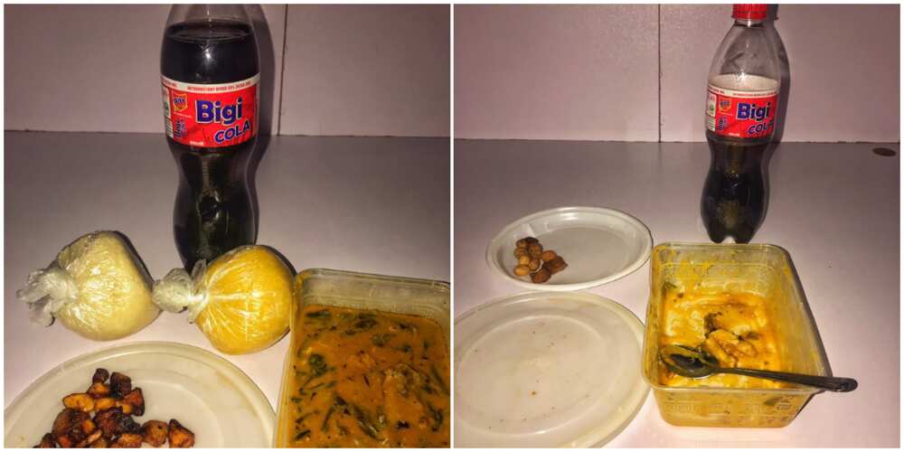 Nigerian man eats eba with plantain and peanut, photos generate huge reactions