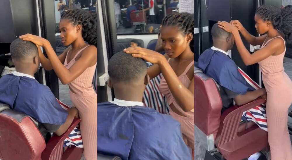 Photos of a lady giving a man a nice haircut.
