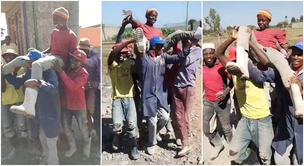 Photos of labourers carrying their coleague shoulder high.