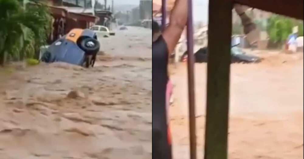 Live video of taxi with passengers overturned with floodwater in Accra