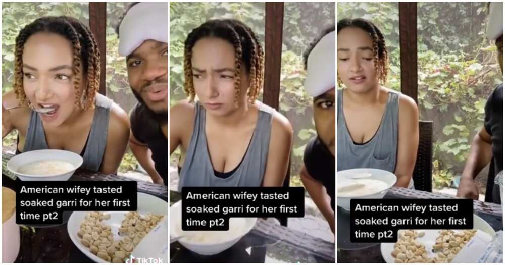 American lady drinks garri, Nigerian man and his American wife, drinking garri