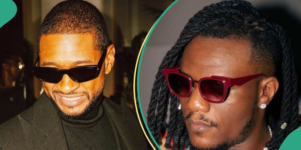 American singer Usher salutes Pheelz on stage. American singer Usher salutes Pheelz on stage.