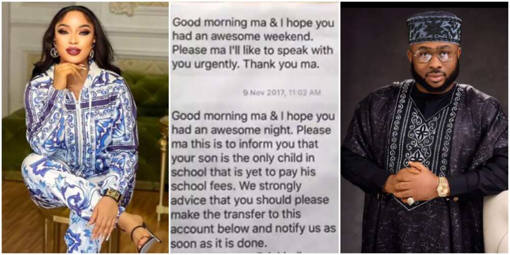 Tonto Dikeh, letter from Tonto Dikeh's son's school about fees payment, Churchill Olakunle