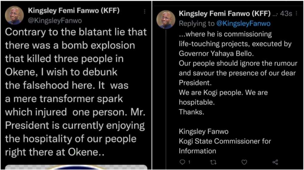 Kingsley Fanwo/Kogi's commissioner's tweet/explosion in Kogi/Yahaya Bello/APC/President Muhammadu Buhari/Kogi state