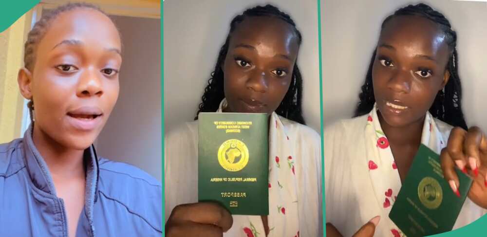 Lady showing her Nigerian international passport.
