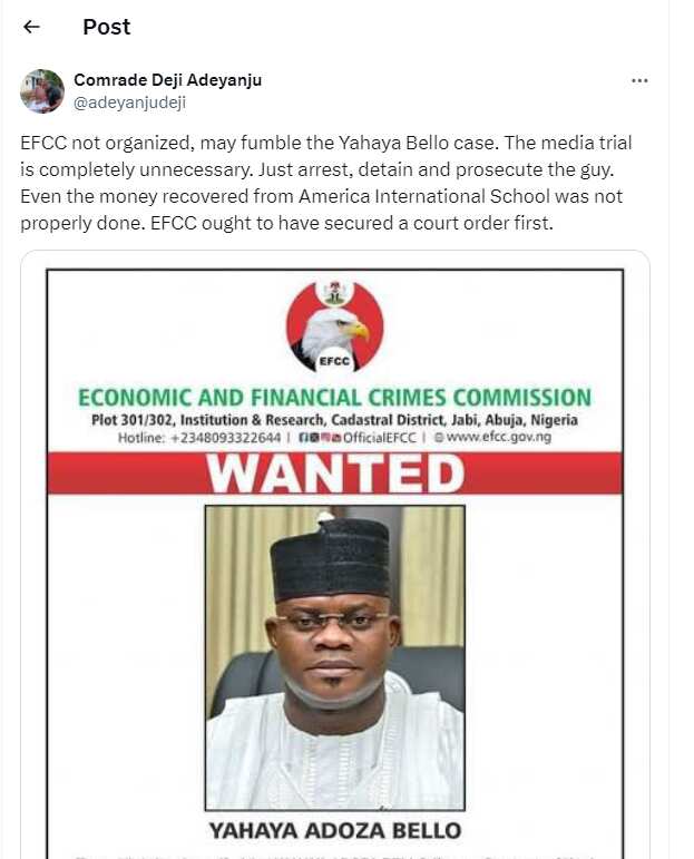 Deji Adeyanju comments on EFCC's case versus Yahaya Bello