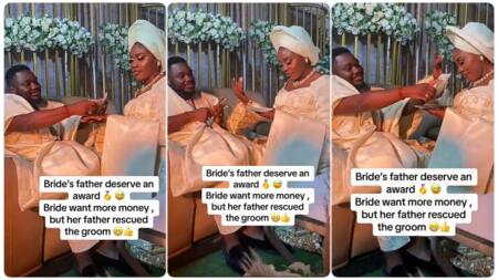 Funny moment father of Nigerian bride comes to rescue groom from daughter in video