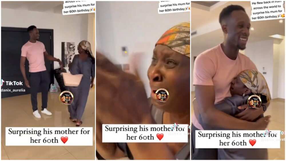 Mother overjoyed as her son pays her a surprise visit.