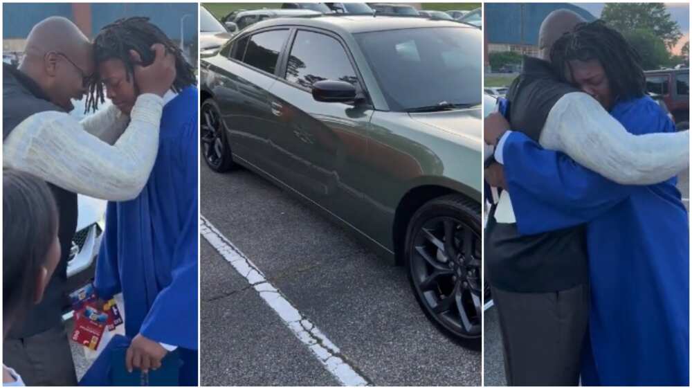 New graduate cries as Dad gives him a brand new car.