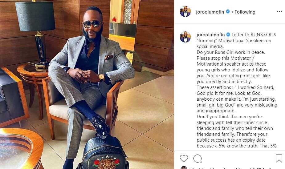 Joro Olumofin writes letter to 'runs girls' acting as motivational speakers online