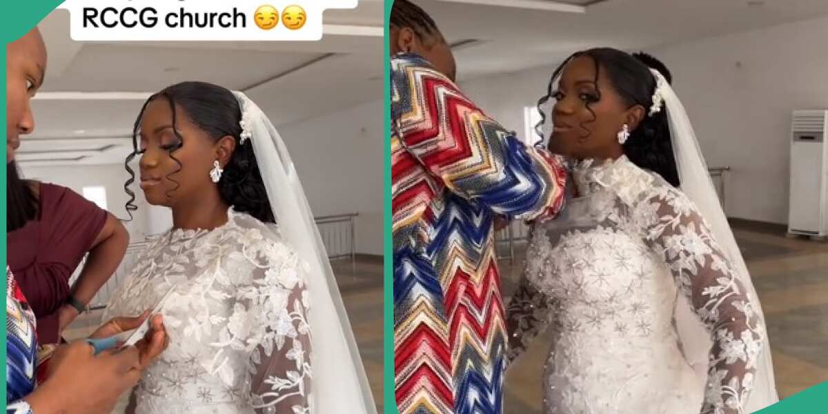 Reactions trail video of bride's gown being cut with scissors at RCCG church