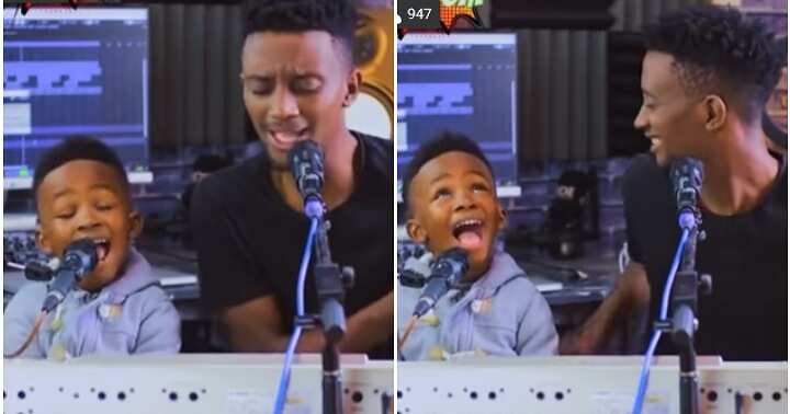 Little boy sings with dad, father and son, amazing voice, stuck on you