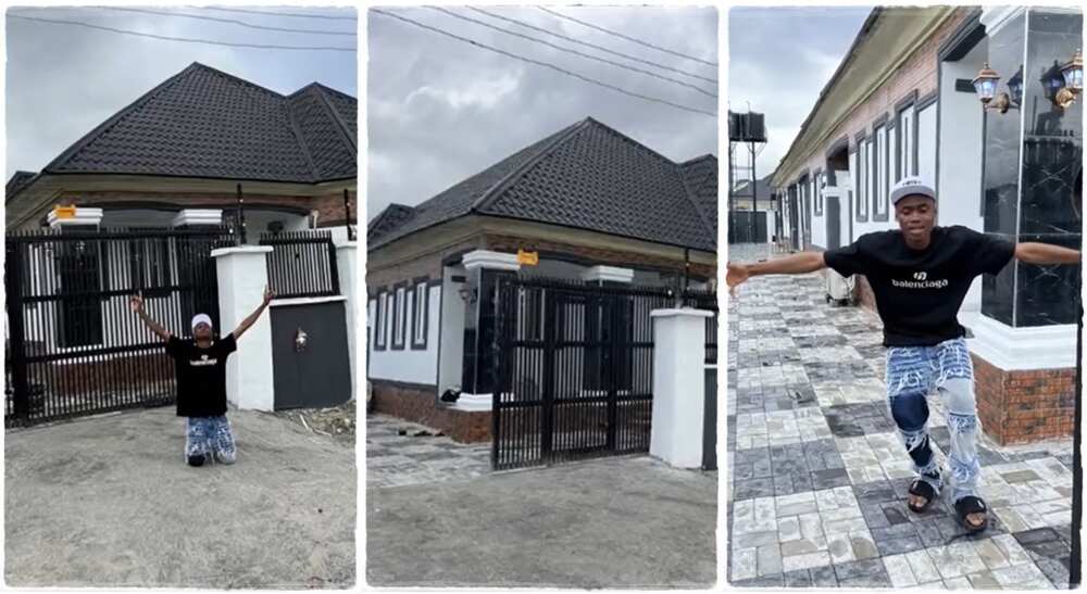Man celebrates after completing his house. Man celebrates after completing his house.