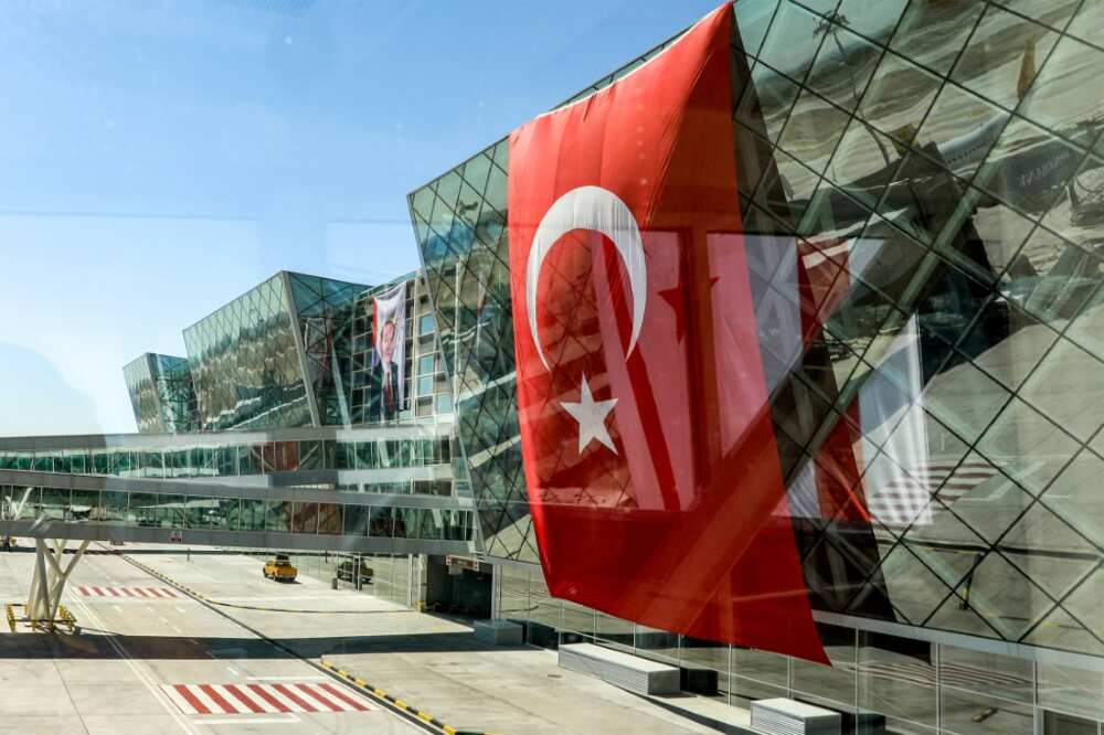 A huge Turkish flag on the new terminal's facade for its inauguration by Turkey's President Recep Tayyip Erdogan