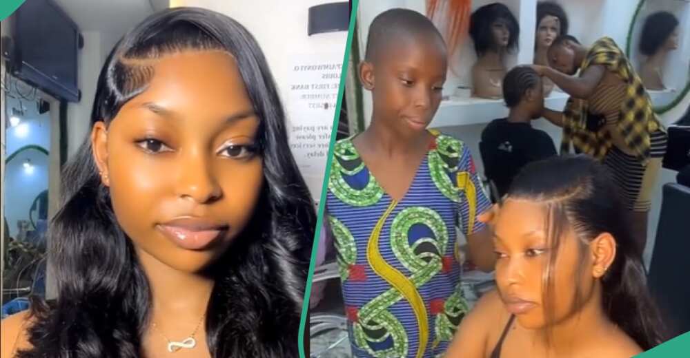 Young girl styles lady's frontal wig in Benin, Edo