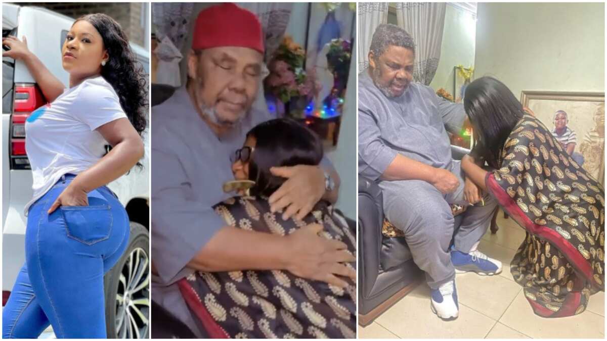 Actress Destiny Etiko kneeled down before Pete Edochie as he prayed for her, video stirs reactions