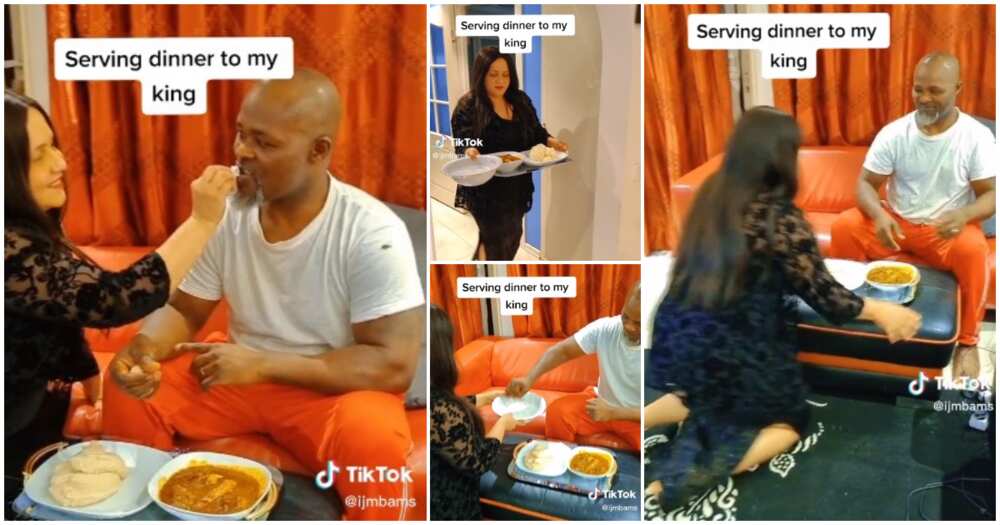 Oyinbo lady, Nigerian husband, food like a king, kneels