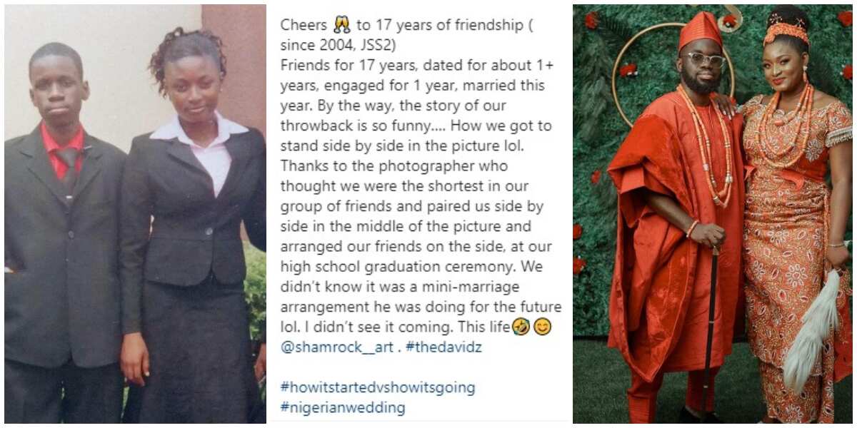 Young lady marries her secondary school classmate after 17 years, shares their 2004 graduation photos