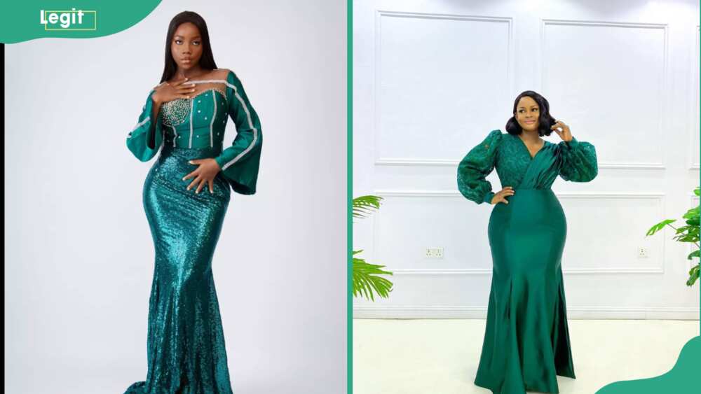 Ladies wearing teal green sequence gowns