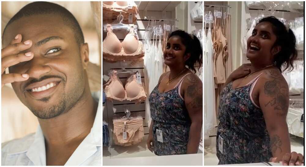 Shy black man goes to buy bra in shop manned by Danish girl.