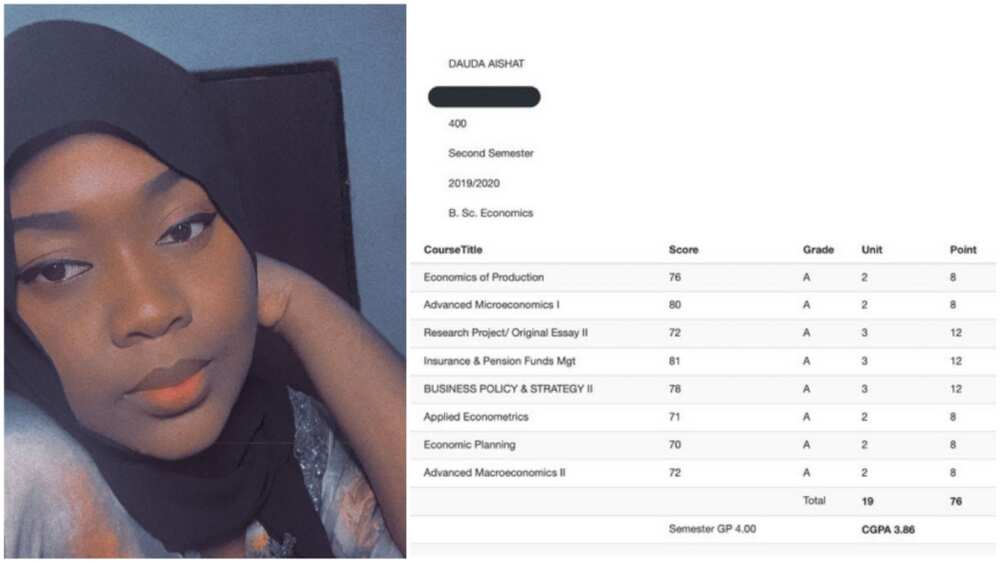 Lady bags first class in economics, shows off her last semester result in school