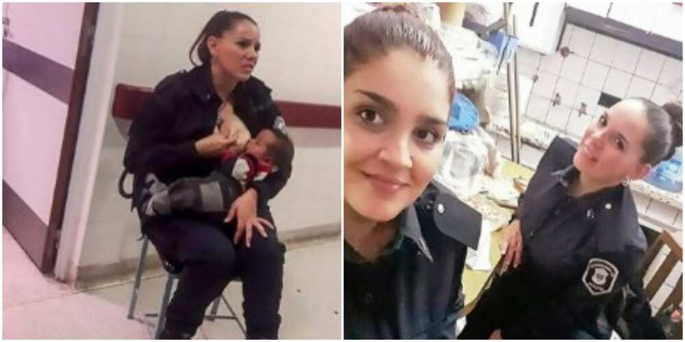 Pretty female police officer breastfeeds crying baby that was abandoned