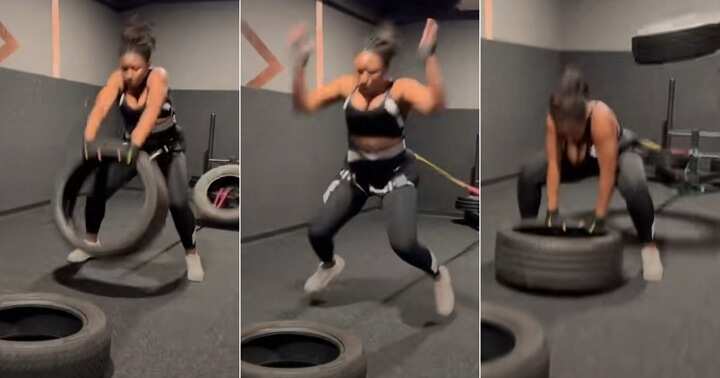 Lady trains vigorously at gym, gym session
