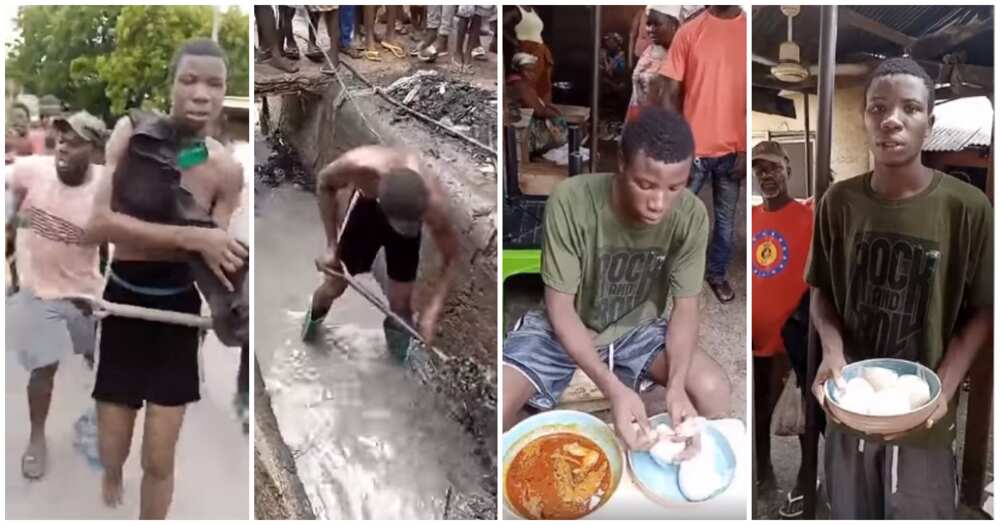 Ghana, Accra, Nigerian thief cleans gutter in Accra, Aliyu John, 22 years old, Ogun state, banku