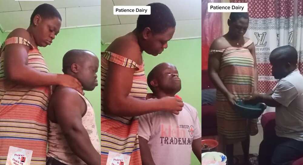Photos of a lady caring for her smallish husband.