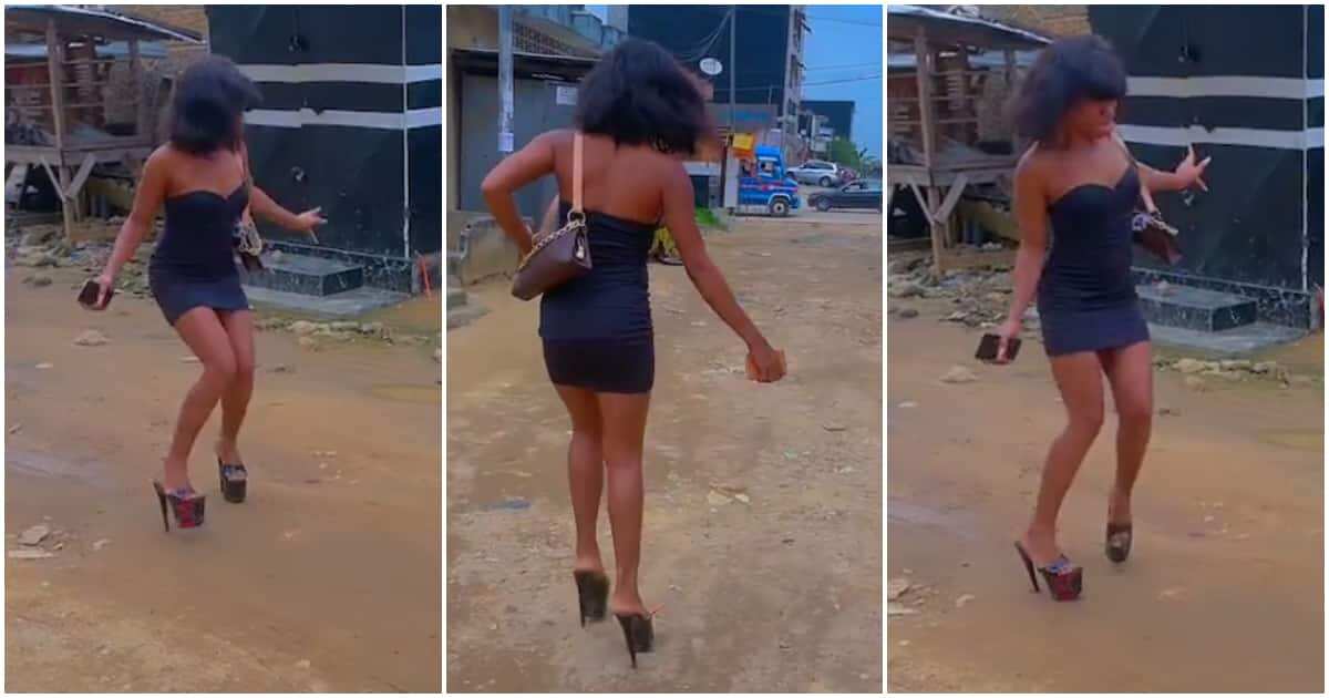 Watch hilarious video of lady struggling to walk in high heels on bad road