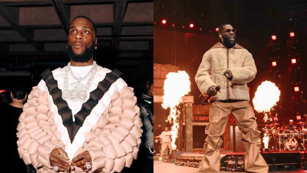 Burna Boy in pink and brown outfits