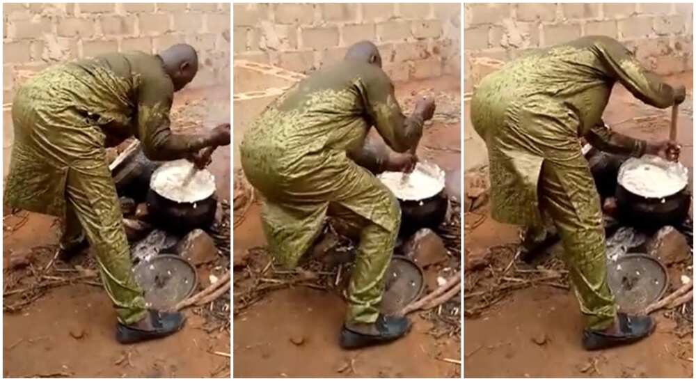 Photos of a man turning fufu and sweating.
