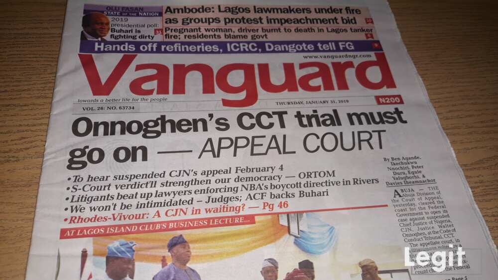 Nigerian Newspapers review: Vanguard, January 31, 2019