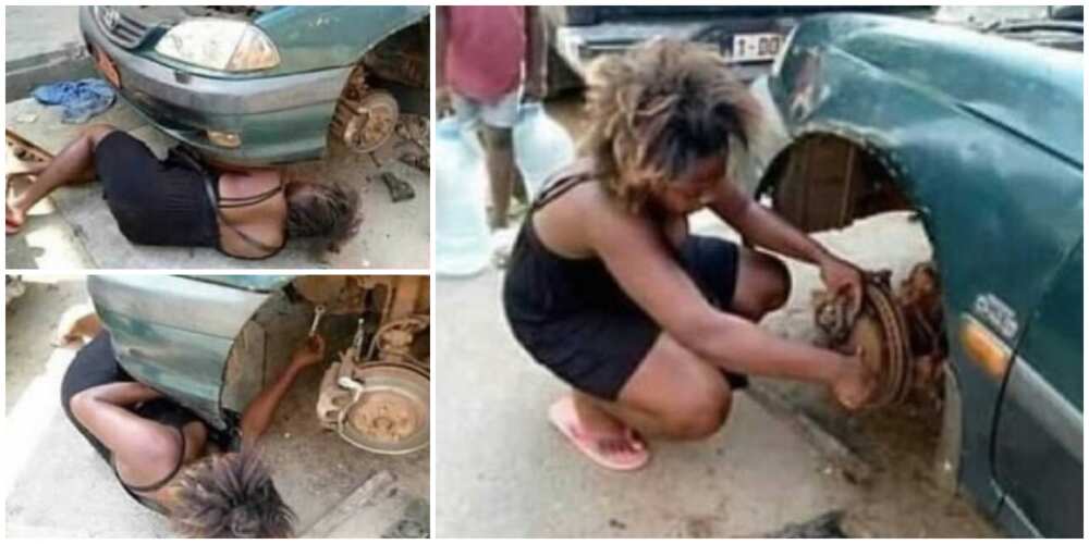 Lady Gets down to Fix Car Herself after it Developed Fault on the Road, Photos Cause Massive Stir