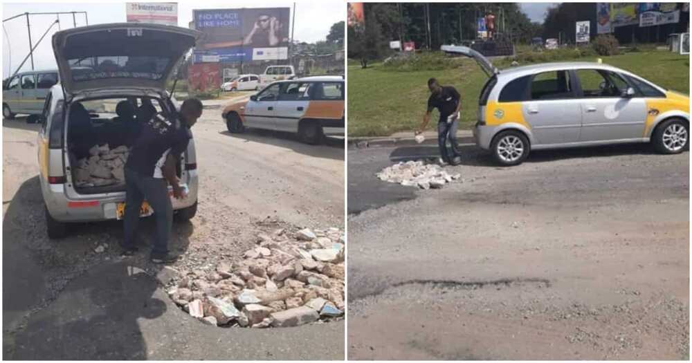 Photos of taxi driving fixing potholes on Taadi road.