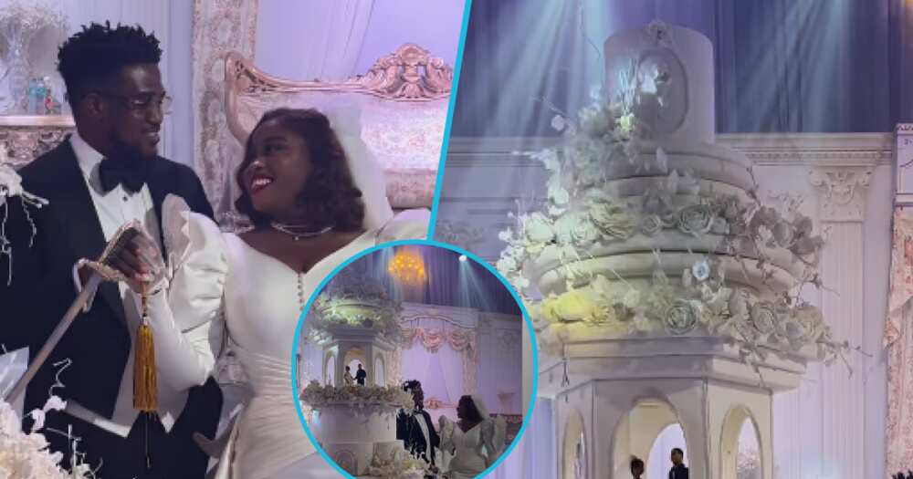 A beautiful couple celebrate their wedding with a giant cake at their lavish reception
