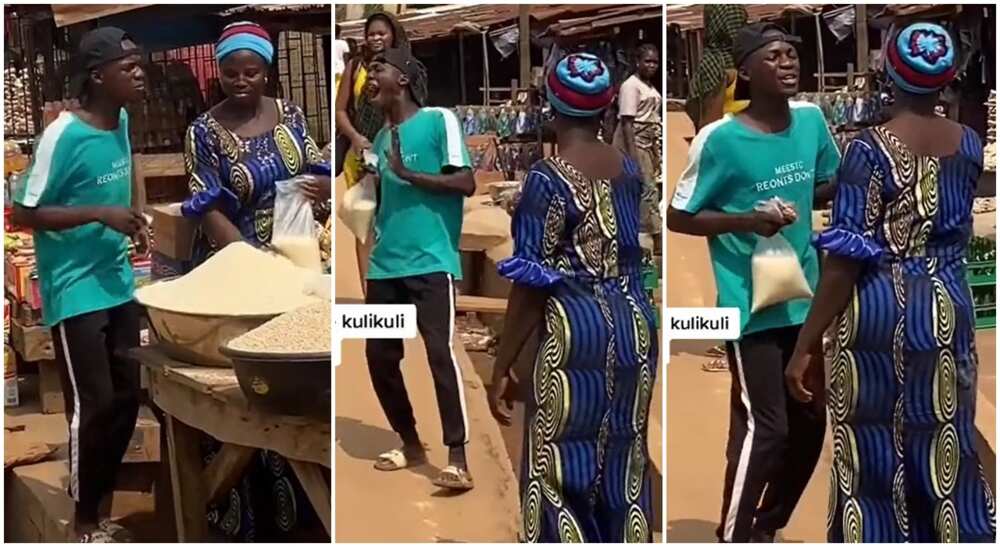 Photos of Nigerian man holding garri and standing with a woman selling garri in a Nigerian market.