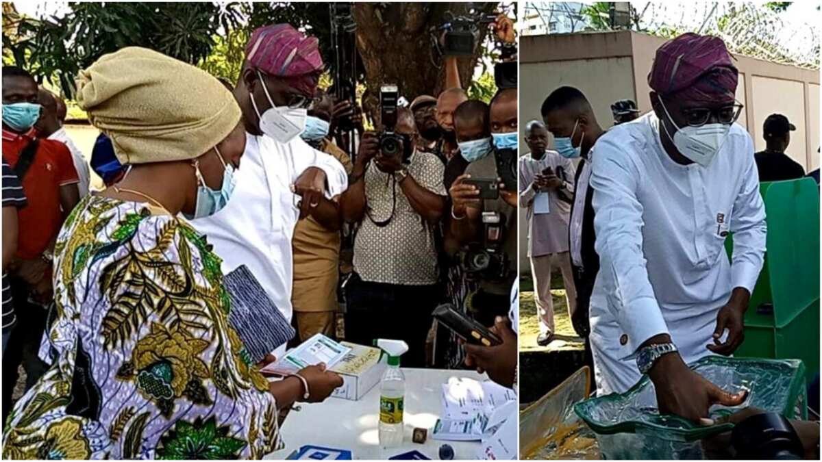 Lagos LG polls: Photos show Governor Sanwo-Olu, wife casting their votes at Ikoyi polling unit