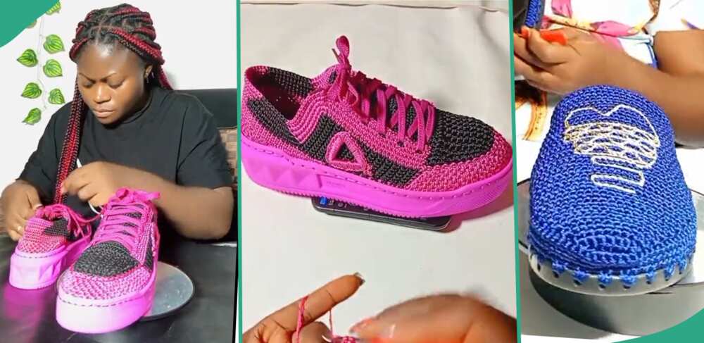 Nigerian lady makes shoes with crochet.