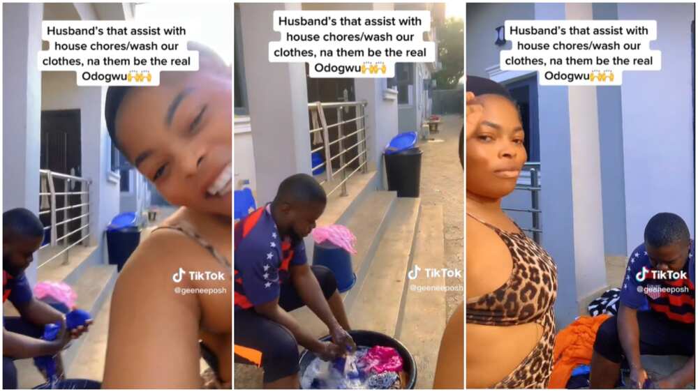 Husband washing clothes/wife praised her partner.
