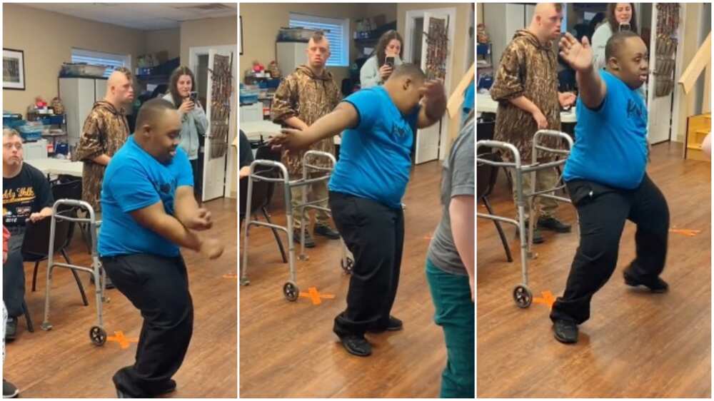 Physically challenged boy dances sweetly.