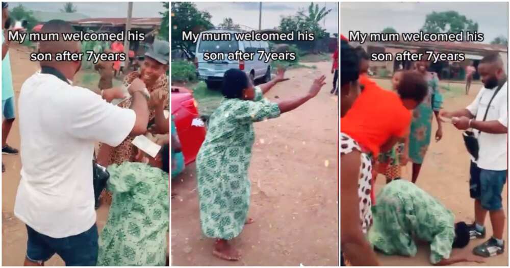 Nigerian mum and son reunion, son sprays mum cash, Nigerian returns home after 7 years, Nigerians in diaspora