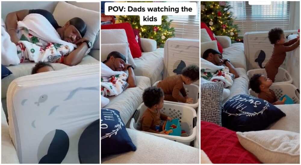 Photos of a man sleeping while his kids play around.