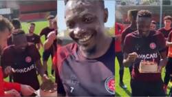 Ahmed Musa looks funny after club teammates sink birthday cake on his face as Eagles captain clocks 29