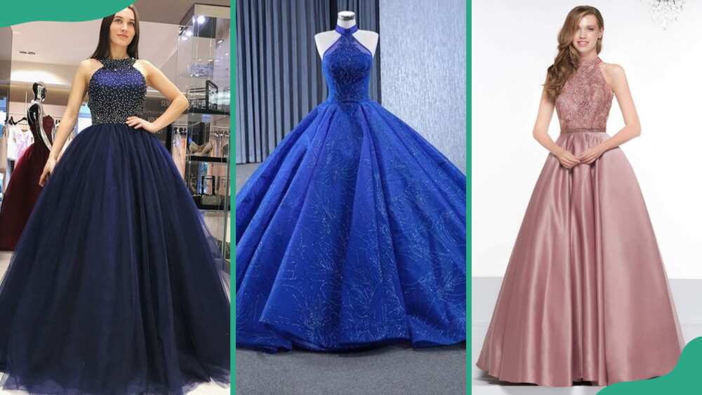 Navy blue ball gown (L), royal blue ball gown (C), and peach ball gown (R)