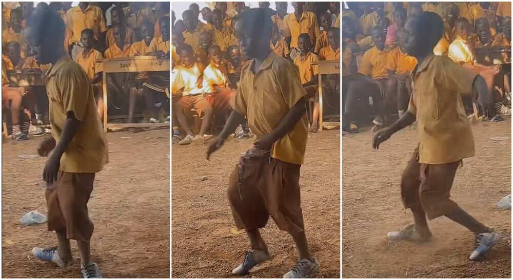 Photos of a boy posing for a dance in his school.