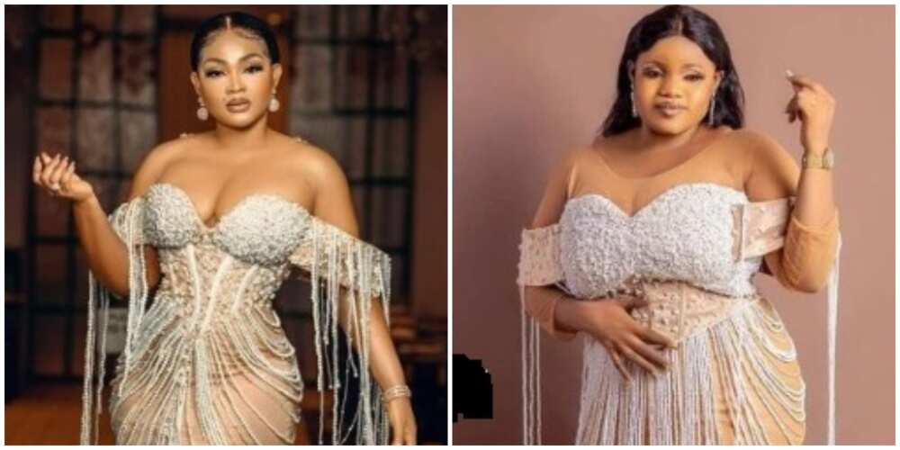 Lady sparks mixed reactions as she replicates Mercy Aigbe's pearly birthday look