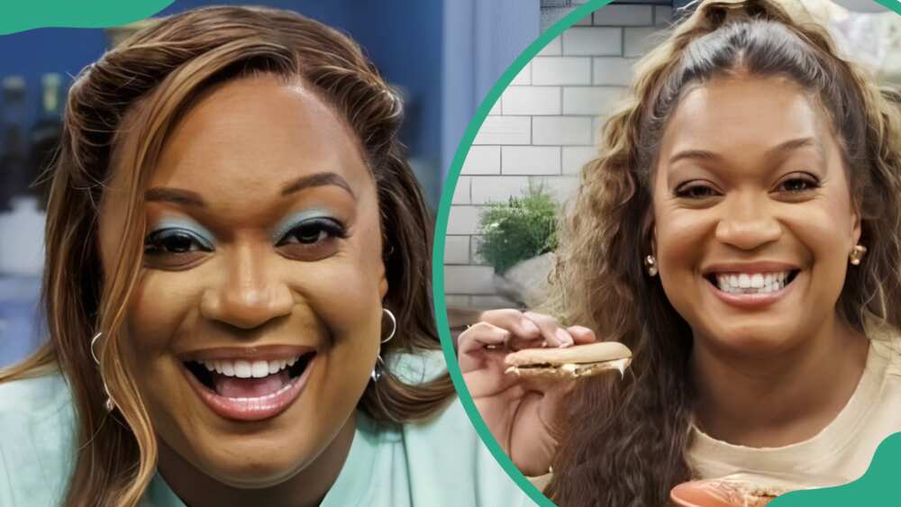 Sunny Anderson is preparing coleslaw on The Kitchen show (L). The American chef holds a cookie on The Kitchen show (R)