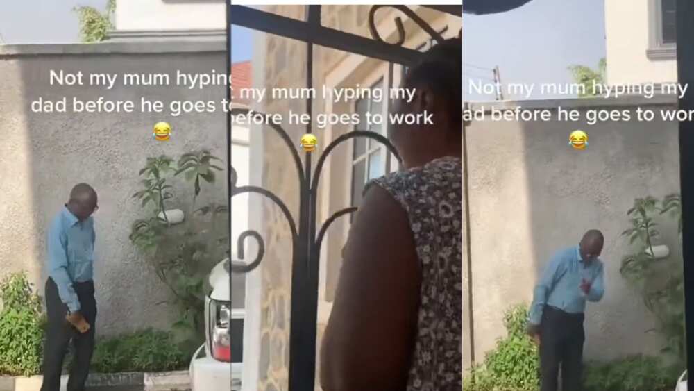 Wife hypes husband, makes him happy as he gets ready for work